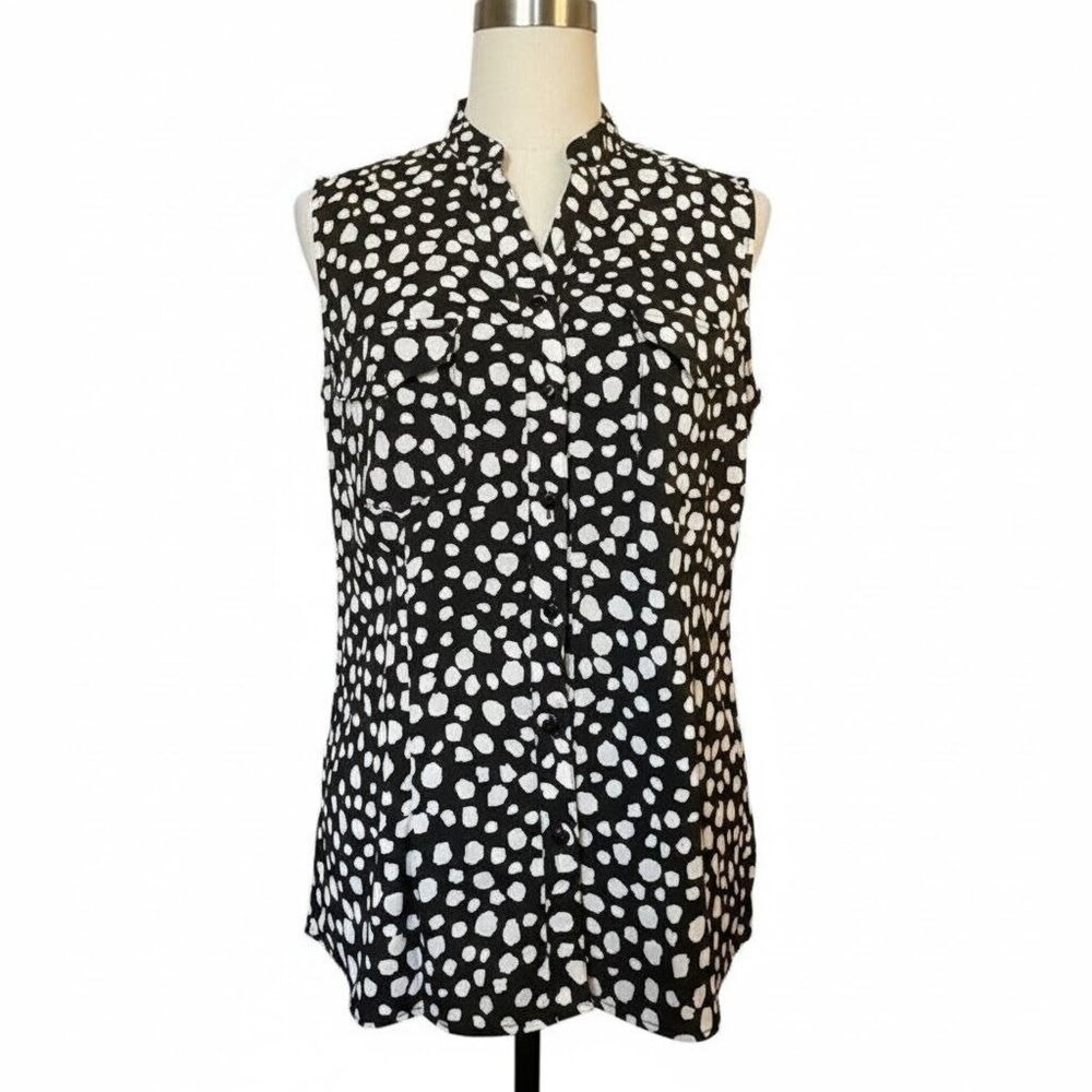 Notations Medium Sleeveless Tunic Top Black White Pattern Mandarin Neck Pocket